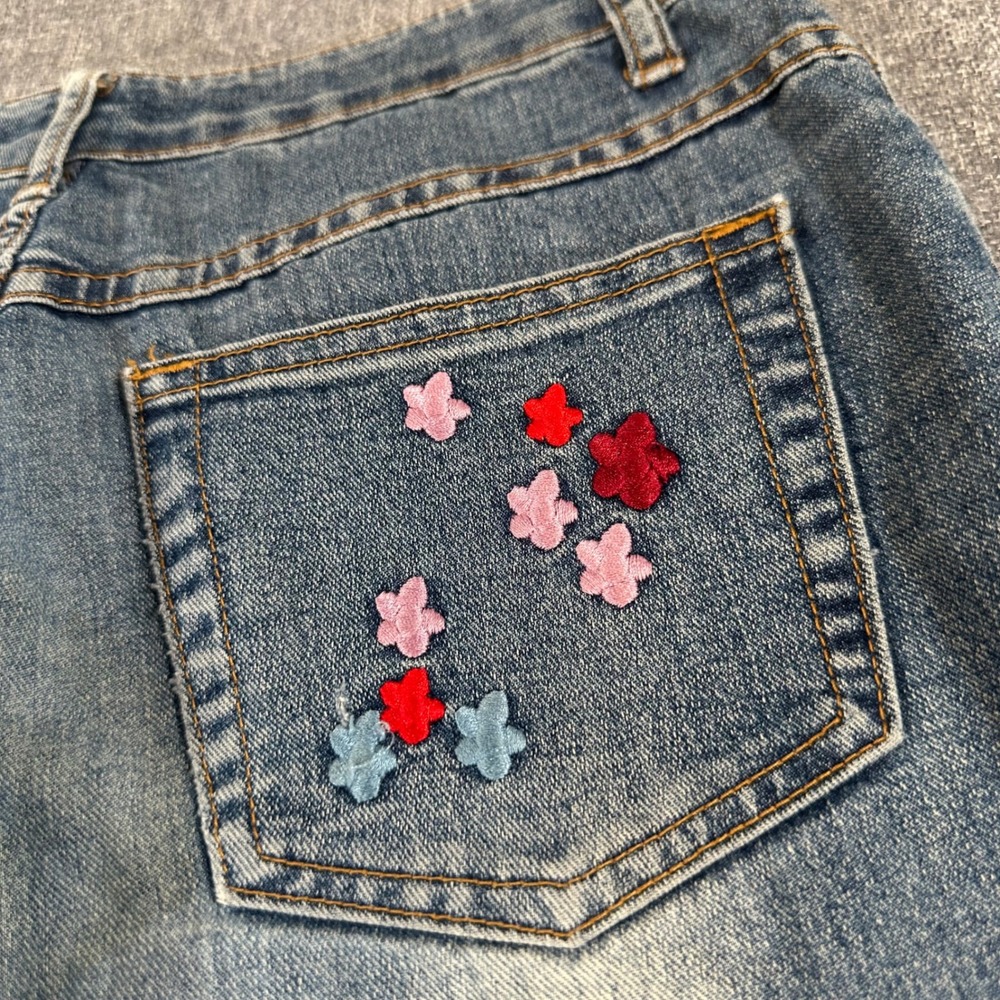 Qianzhimeng Vintage Y2K Floral Embroidered Flare Jeans Blue Denim Womens 28 - Picture 5 of 10